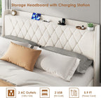 Garvee King Size Bed Frame with Storage, Velvet Upholstered Platform Bed Frame with Crystal Tufted Headboard, Charging Station, 3 Drawers, No Box Spring Needed, Noise-Free,for Bedroom, Ivory