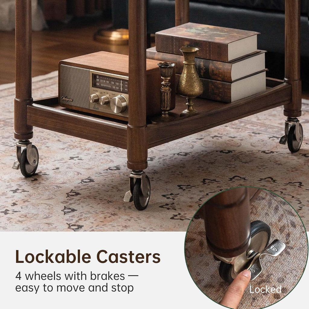 YESWOOD Vintage Walnut Side Table with Lockable Wheels, 2‑Tier Rolling End Table Nightstand for Small Space Living Room Bedroom(Walnut, 27.9" D x 18.47" W x 25.15" H)