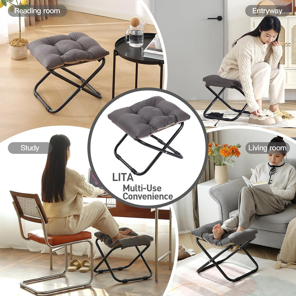 LITA Folding Upholstered Footrest with Straight & Square Shape,Small Ottoman， Dark Grey
