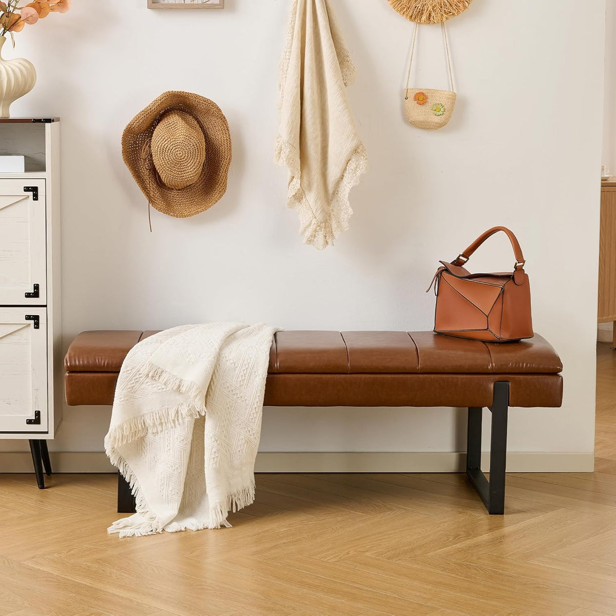 Breakfast Nook Bench with Hidden Storage, Premium Faux Leather Cushion & Metal Base, 53 Inch Extra Seating for Dining Room/Living Room, Entryway