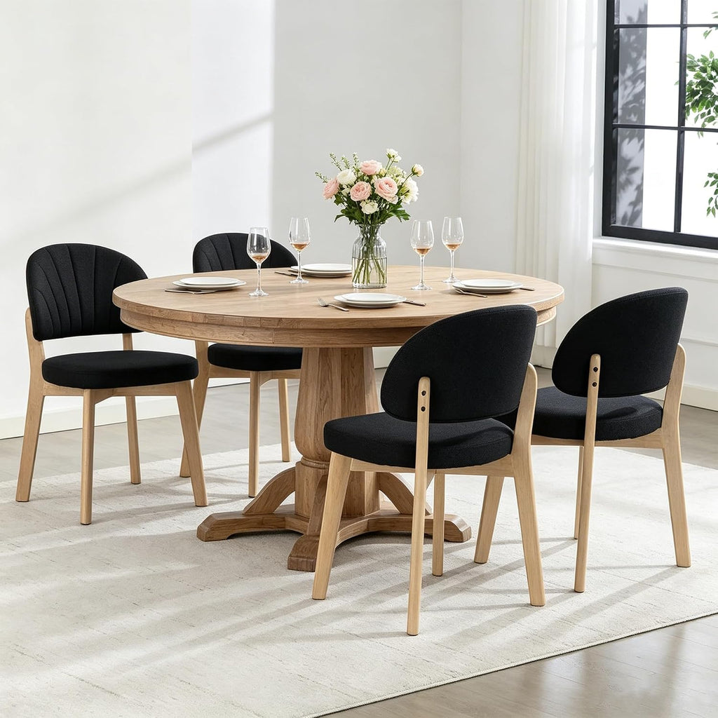 Modern Fabric Upholstered Dining Chairs Set of 4, Farmhouse Curved Back Armless Accent Chairs with Solid Oak Wood Legs, Walnut Kitchen Side Chairs for Dining Room, Bedroom/Restaurant, Black