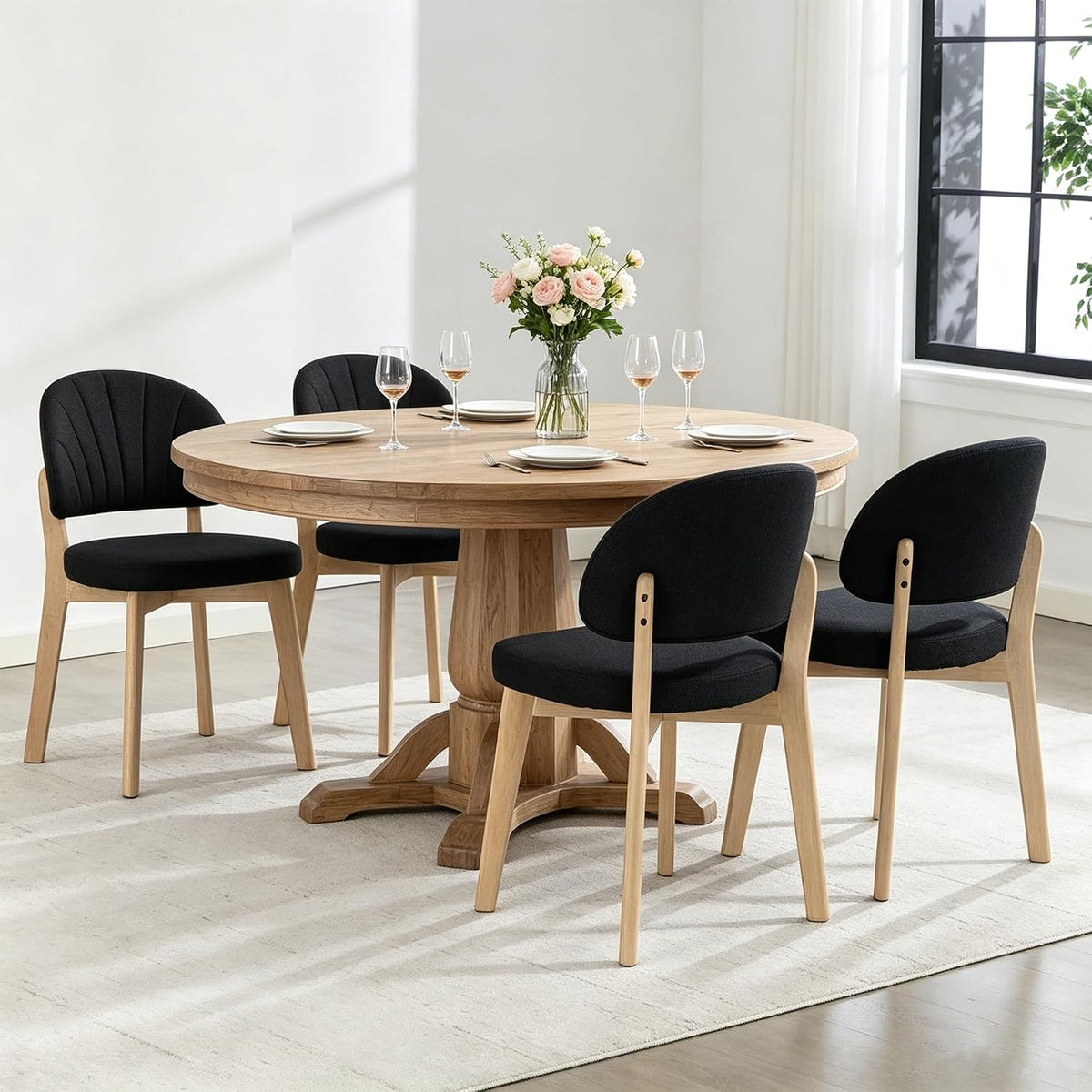 Modern Fabric Upholstered Dining Chairs Set of 4, Farmhouse Curved Back Armless Accent Chairs with Solid Oak Wood Legs, Walnut Kitchen Side Chairs for Dining Room, Bedroom/Restaurant, Black