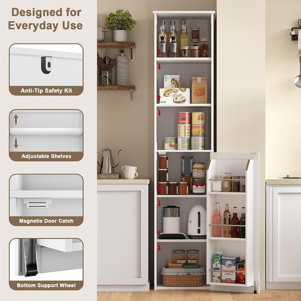 ChooChoo Narrow Kitchen Pantry Storage Cabinet, Slim Storage Cabinet with Adjustable Shelves and Open Shelves, Tall Freestanding Pantry Cabinet for Small Spaces, Kitchen, Dining Room, Bathroom, White