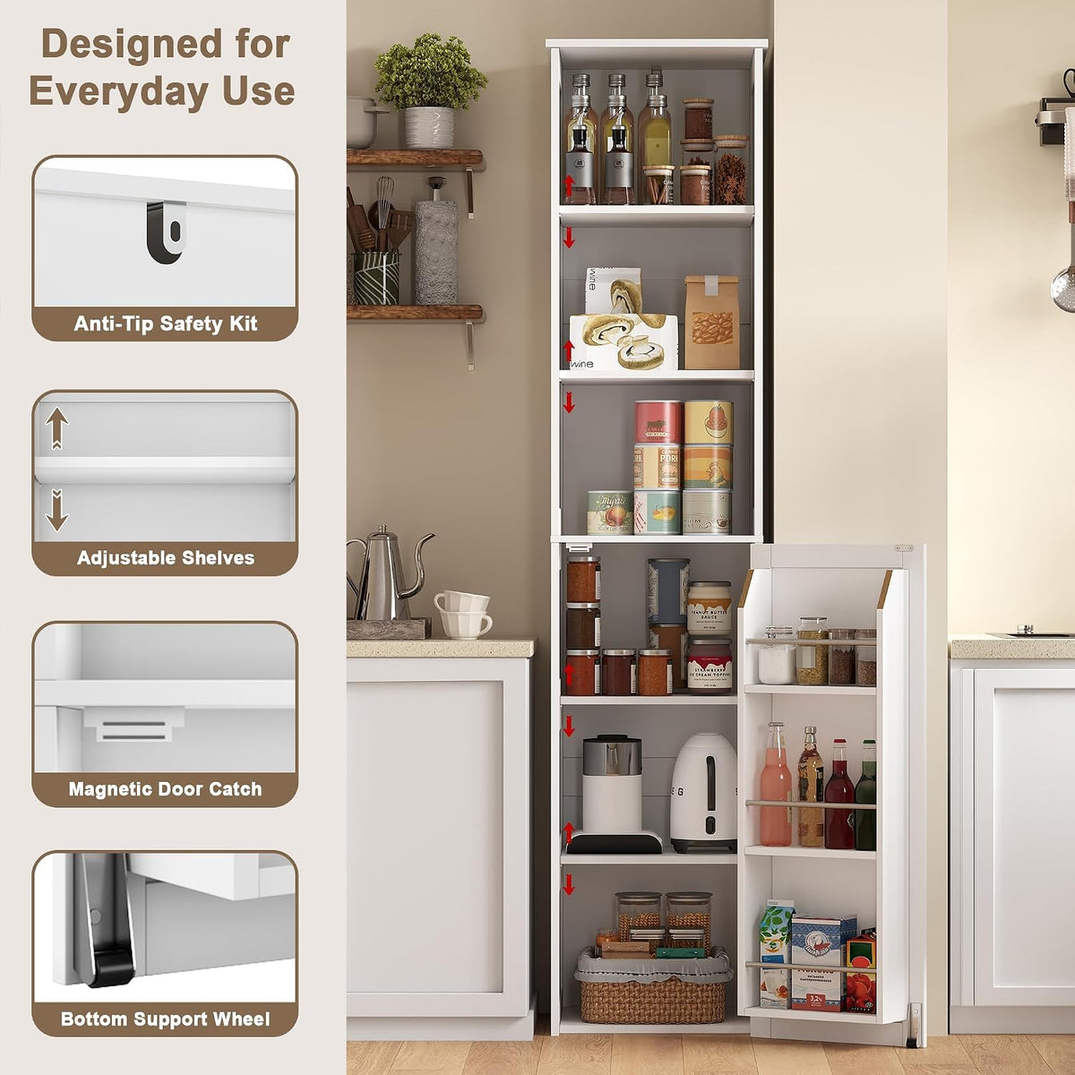 ChooChoo Narrow Kitchen Pantry Storage Cabinet, Slim Storage Cabinet with Adjustable Shelves and Open Shelves, Tall Freestanding Pantry Cabinet for Small Spaces, Kitchen, Dining Room, Bathroom, White