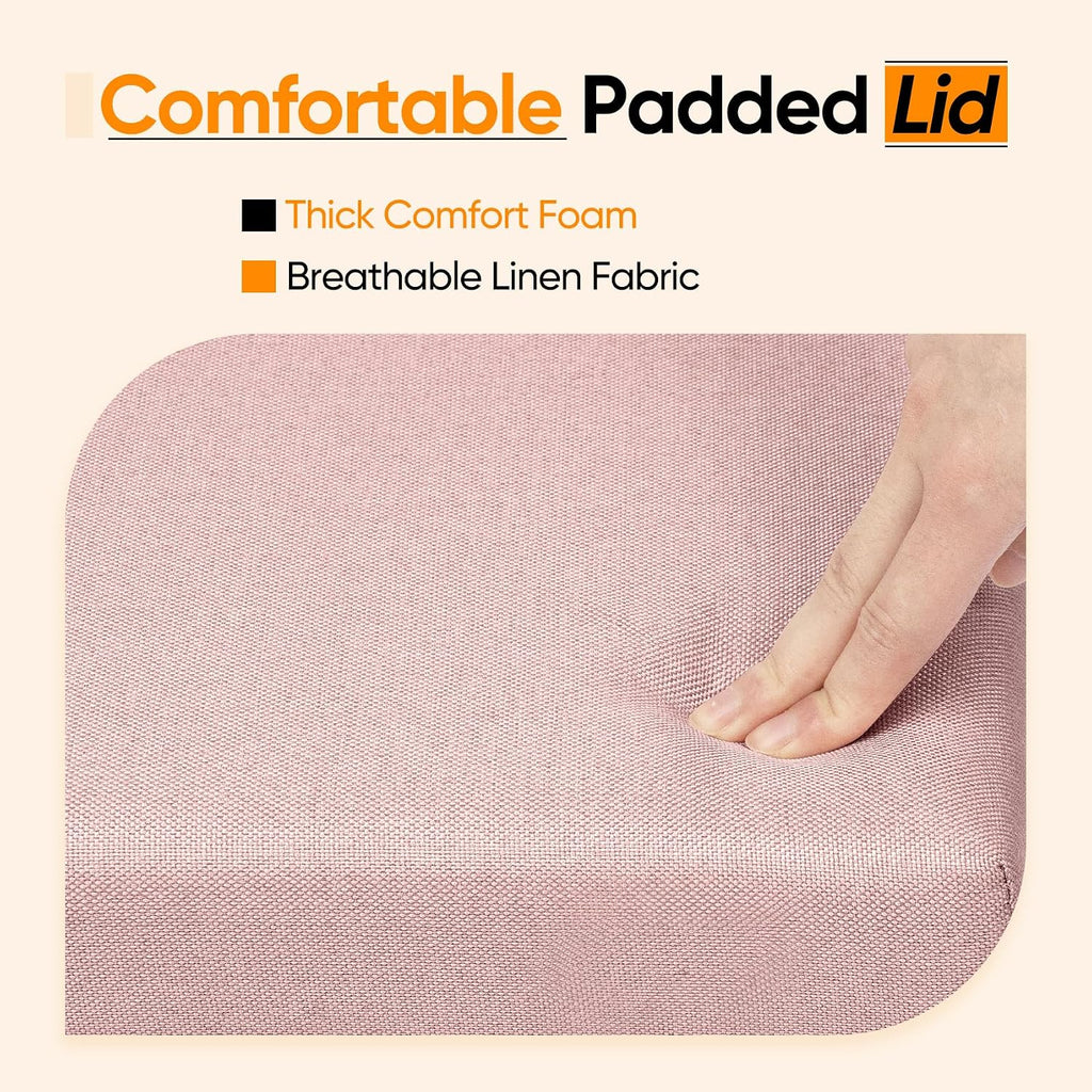 16.5 Inch Small Rectangular Storage Ottoman, Collapsible Footrest | Linen Fabric, Hidden Storage, Foldable Footstool with Padded Lid, Compact Size for Living Room, Bedroom and Dorm, Pink