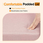 16.5 Inch Small Rectangular Storage Ottoman, Collapsible Footrest | Linen Fabric, Hidden Storage, Foldable Footstool with Padded Lid, Compact Size for Living Room, Bedroom and Dorm, Pink
