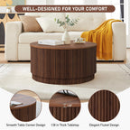 31.5" Round Coffee Table with Storage, Mid Century Modern Coffee Tables with Fluted Base, Wooden Circle Accent Center Table for Living Room Small Space Apartment Office (Walnut)