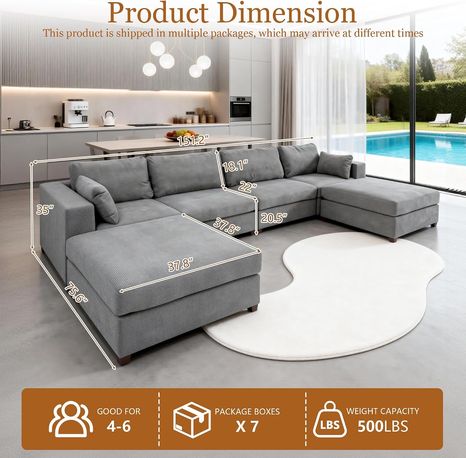 Oversized U Shaped Sectional Couch for Living Room, Extra Large Cloud Couch with Washable Covers, Modern Luxury Deep Seat Sectional Sofa for Apartment, Light Gray