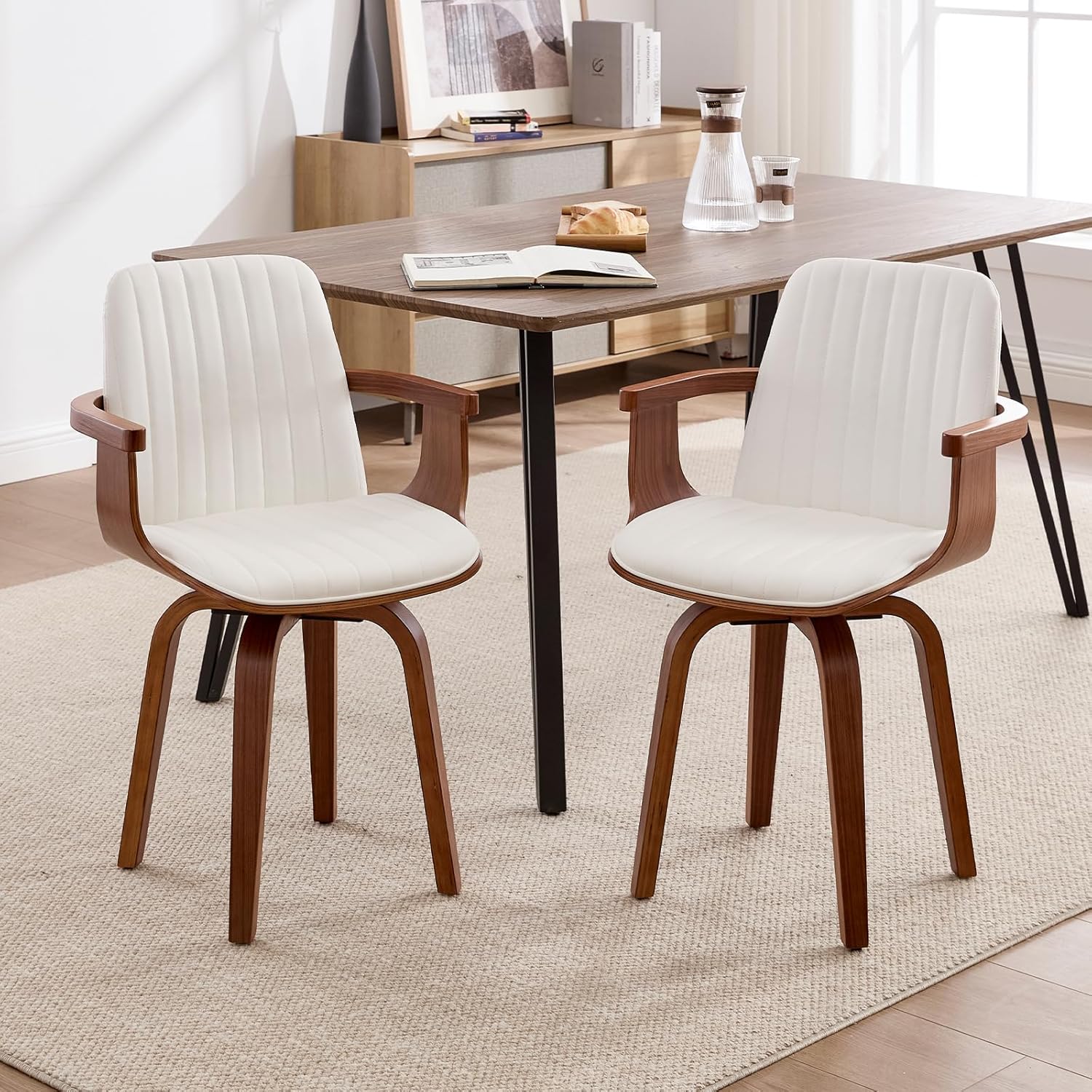 VipDesk Swivel Dining Chairs Set of 2 - Mid Century Modern Kitchen Chairs for Dining Room, Upholstered PU Leather Chairs with Walnut Arms and Legs, White