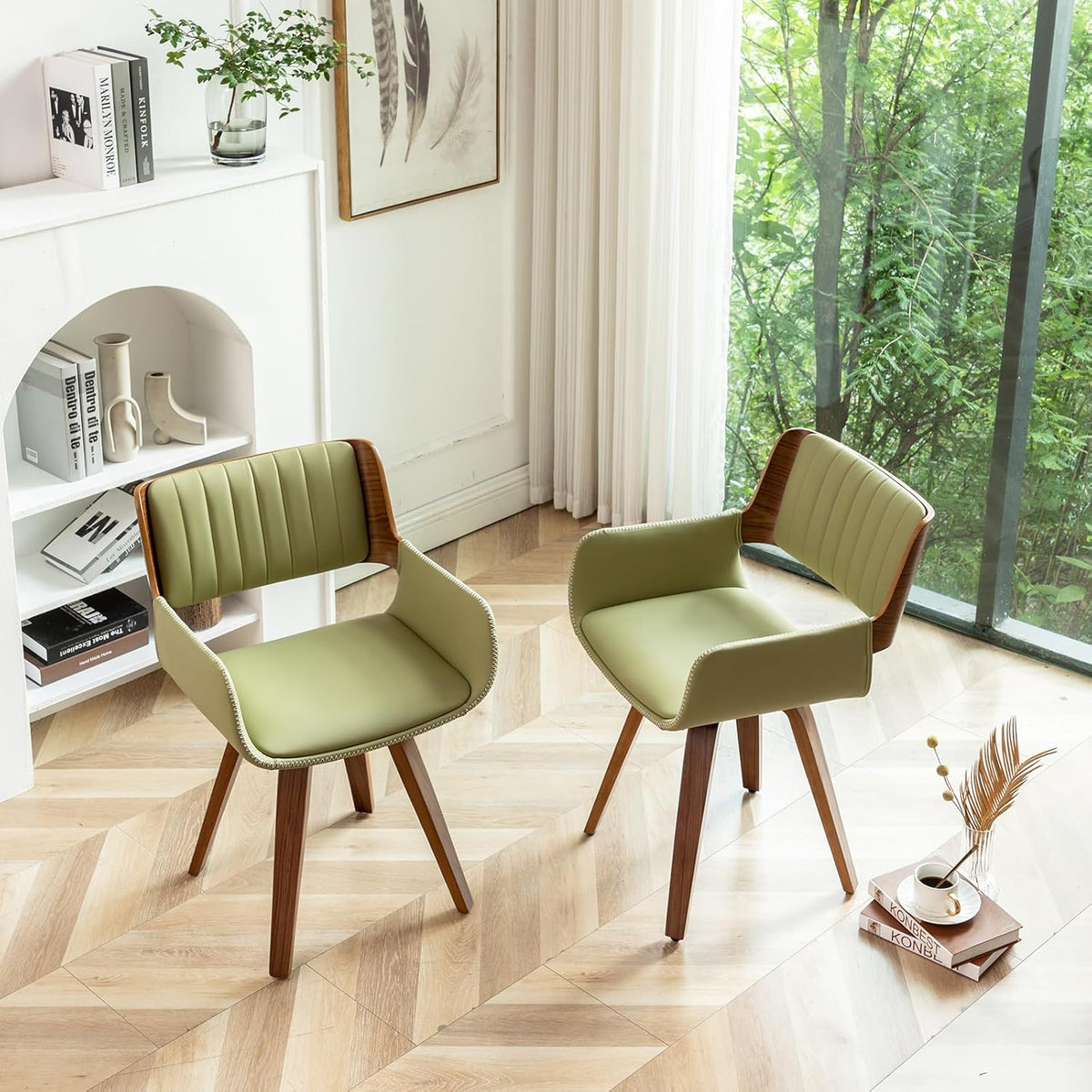 LUNLING Swivel Accent Faux Leather Dining Chairs Set of 2 Mid Century Modern Chairs with Wooden Legs/Armrest/Upholstered Seat/Adjustable Foots for Kitchen Dining Room Desk Chairs Green