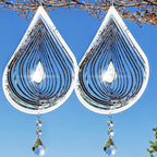 2PCS Wind Spinner 3D Stainless Steel Metal Sculptures Decorations, Water Droplets Wind Sculptures & Spinners, Outdoor Hanging Garden Decoration, Bird Devices Deterrent for Outside to Scare Birds Away
