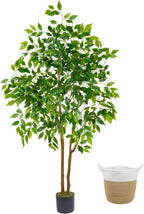 Artificial Ficus Tree, 5ft Tall Fake Ficus Tree with Basket, Faux Plant for Indoor Outdoor Home Livingroom Office Garden Porch Décor