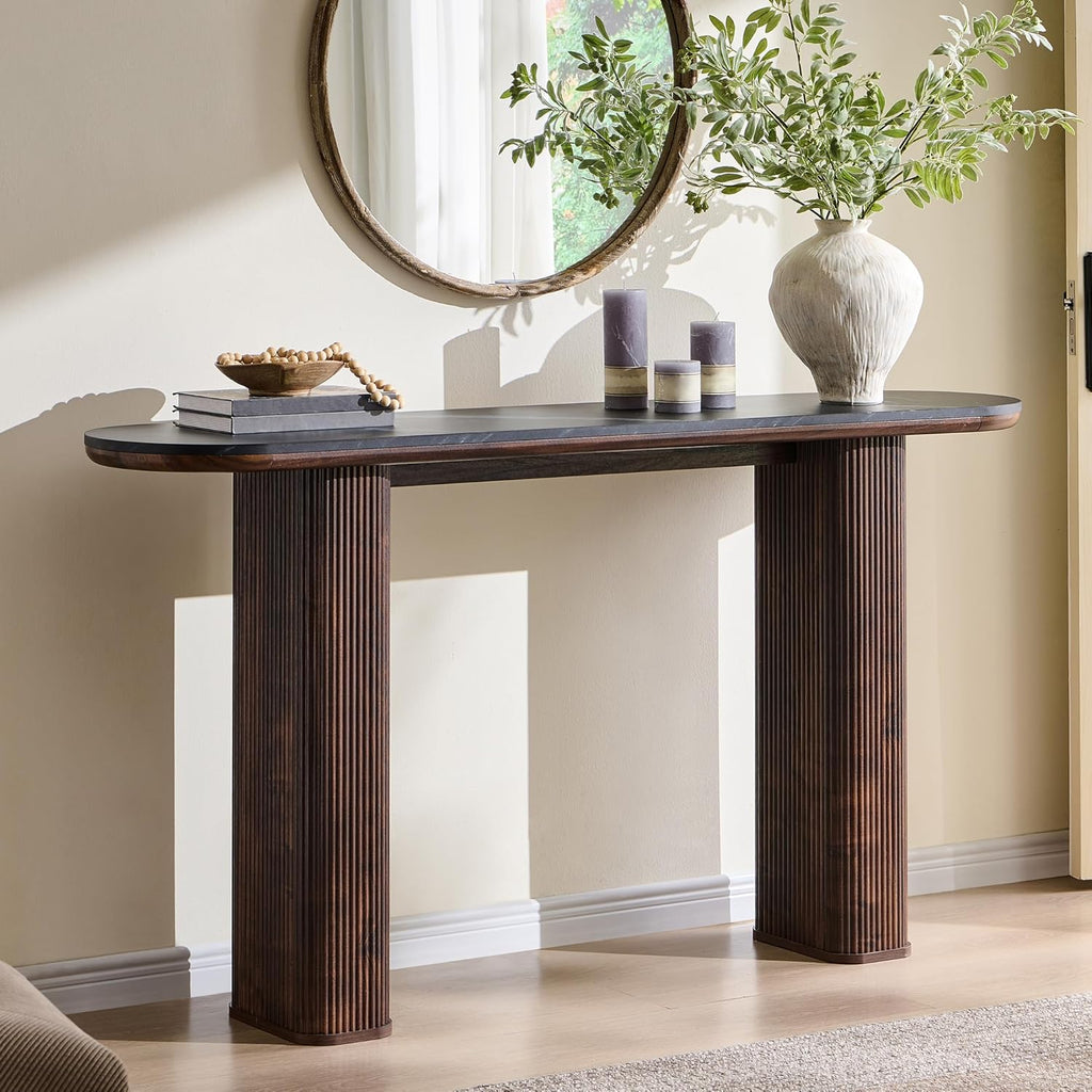 OKD 63 Inch Modern Console Table with Arc Faux Marble Texture Top, Fluted Wood Base, Contemporary Entryway Sofa Table for Living Room, Hallway, Foyer, Dark Walnut