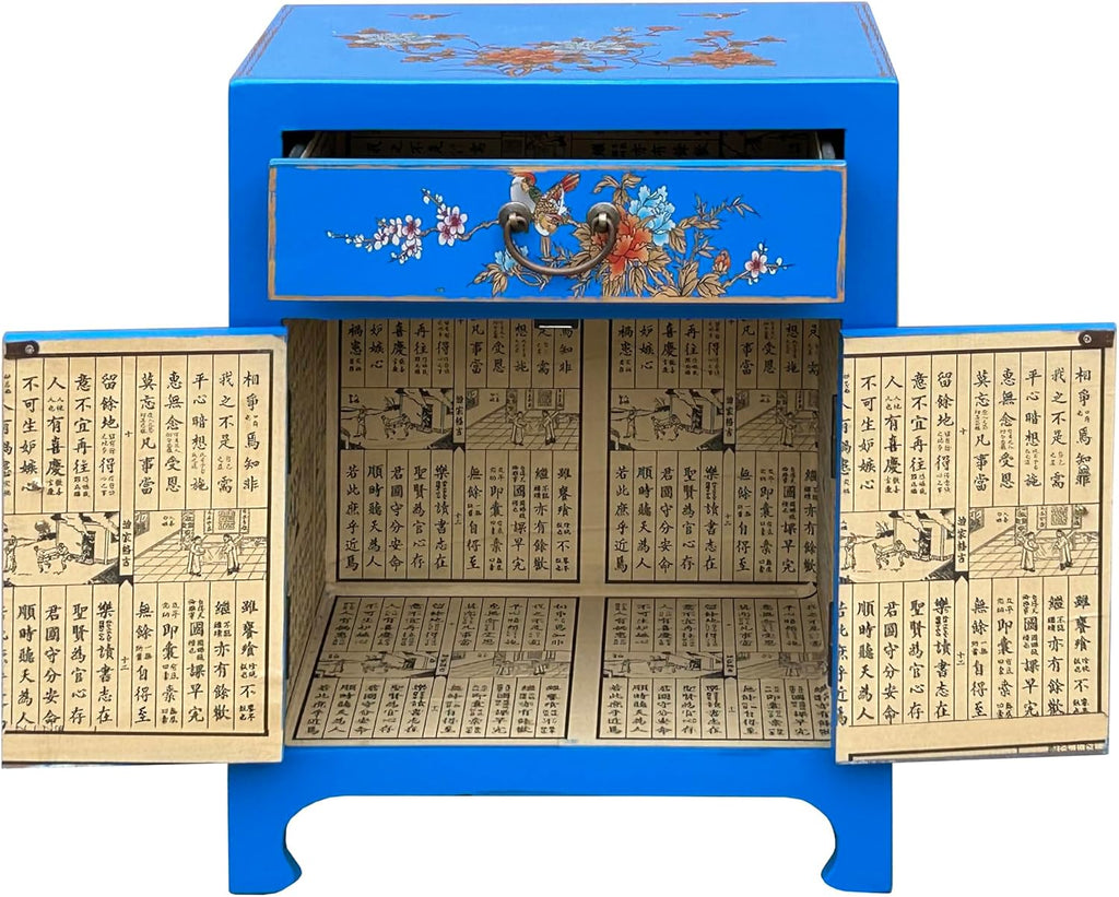 Chinese Bright Blue Vinyl Moon Face Flower Birds End Table Nightstand AGB064