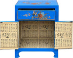 Chinese Bright Blue Vinyl Moon Face Flower Birds End Table Nightstand AGB064