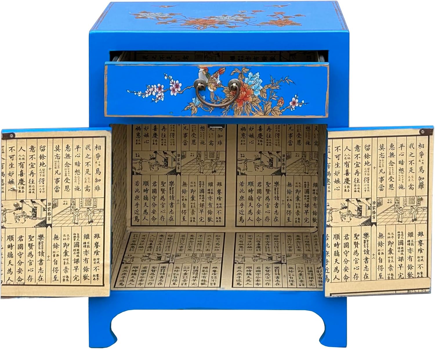 Chinese Bright Blue Vinyl Moon Face Flower Birds End Table Nightstand AGB064