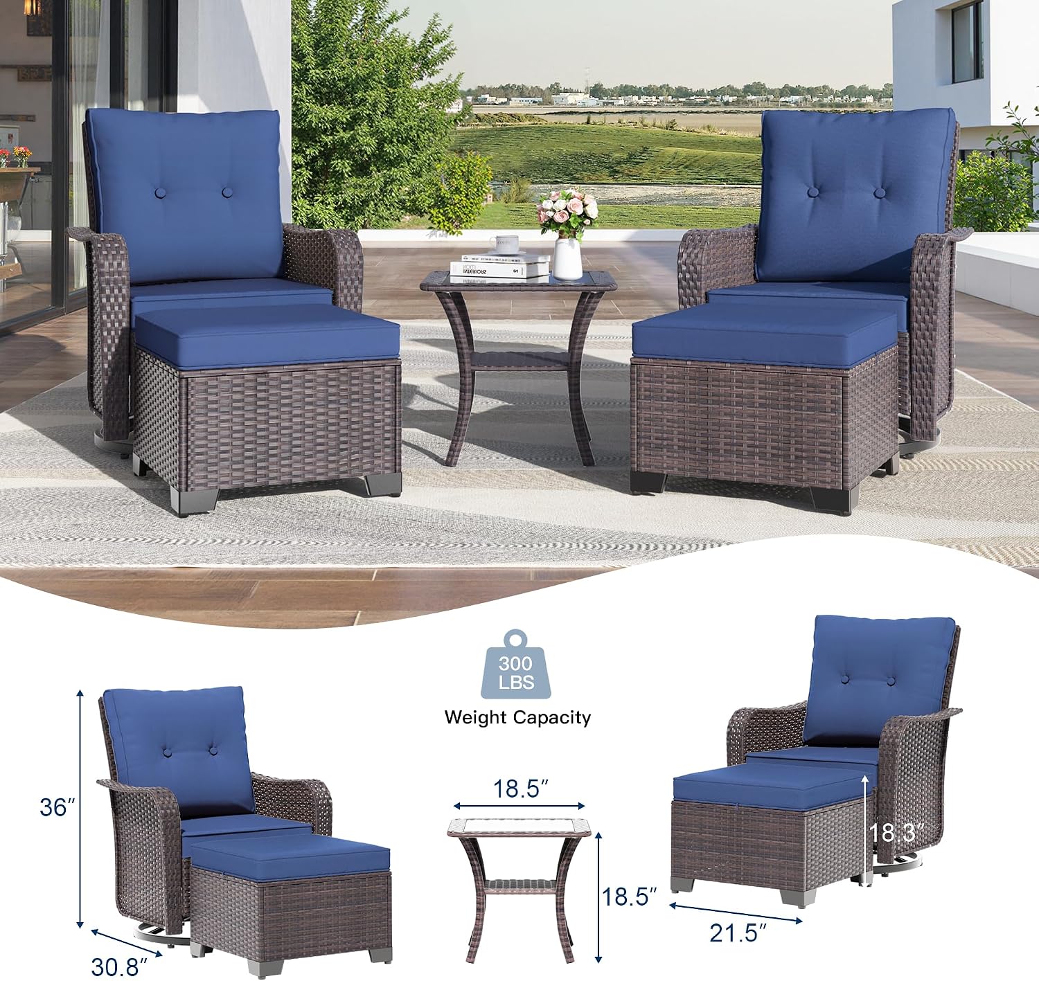Kullavik 5 Pieces Outdoor Swivel Chairs Set,Patio Wicker Rocker Chairs with 4" Thick Cushions,Side Table and Ottomans,Patio Conversation Furniture Set for Patio Porch Deck Backyard,NavyBlue