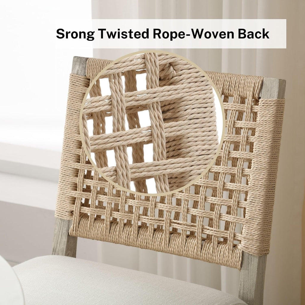 Farmhouse Dining Chairs Set of 4, Upholstered Kitchen Room Chairs with Rattan Back, Solid Wood Woven Back Dining Chairs Accent Linen Side Chair for Dining/Living Room/Dinner, Ivory
