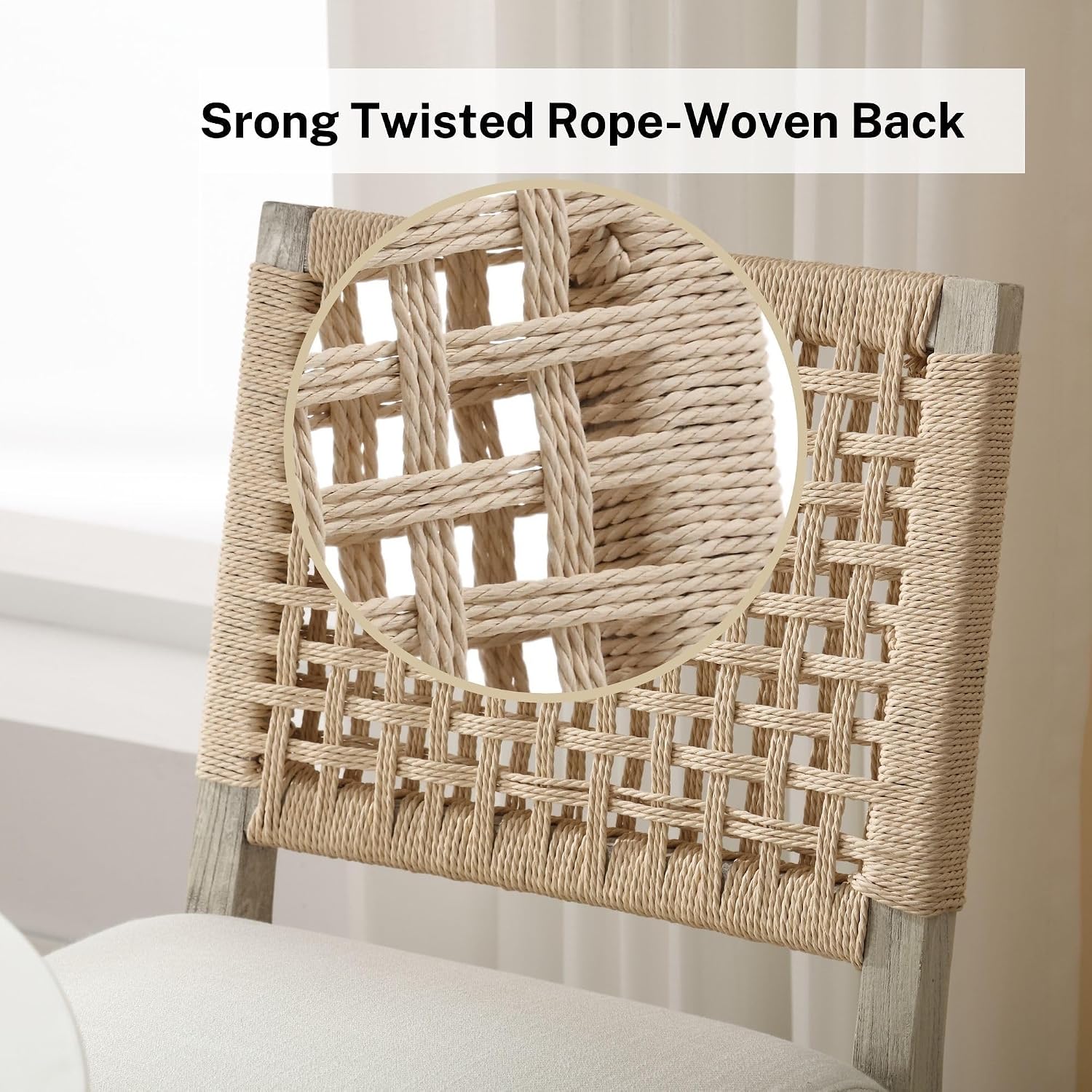 Farmhouse Dining Chairs Set of 4, Upholstered Kitchen Room Chairs with Rattan Back, Solid Wood Woven Back Dining Chairs Accent Linen Side Chair for Dining/Living Room/Dinner, Ivory
