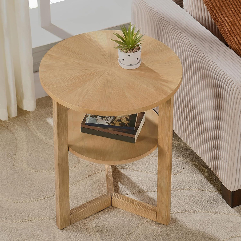 Round End Table, Rustic Side Tables with Storage Shelf, Classic Circular Solid Wood Beside Table-, 2-Tier Telephone Tables-, Nightstand, 24”H x 19.3”D for Living Room Wood Natural BZ3338OA