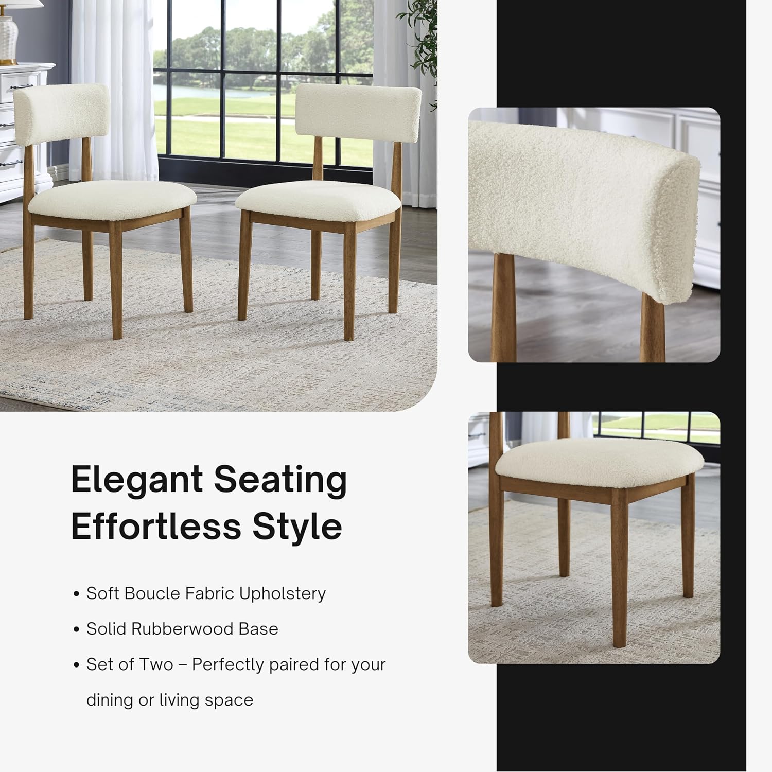 Roundhill Furniture Ellis Boucle Upholstered Dining Chairs, Set of 2, White/Natural Oak
