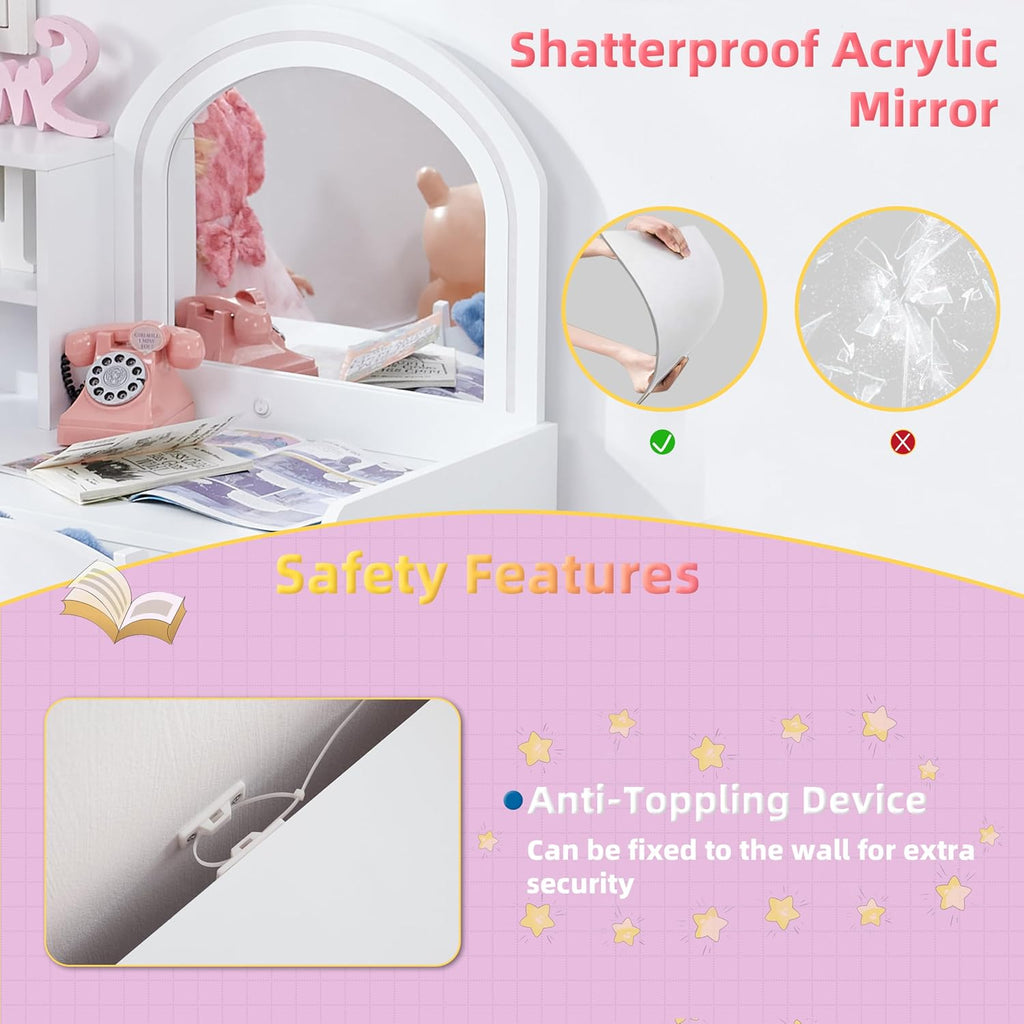 Kids Vanity with Lights, Vanity Set with Drawer and Storage Shelves, 2 in 1 Toddler Vanity with Lighted Mirror, Girls Vanity Set with Stool for Little Girls (White)
