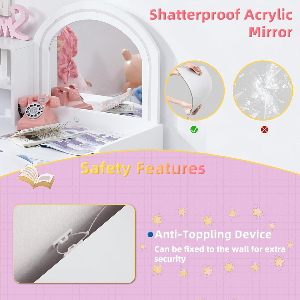 Kids Vanity with Lights, Vanity Set with Drawer and Storage Shelves, 2 in 1 Toddler Vanity with Lighted Mirror, Girls Vanity Set with Stool for Little Girls (White)