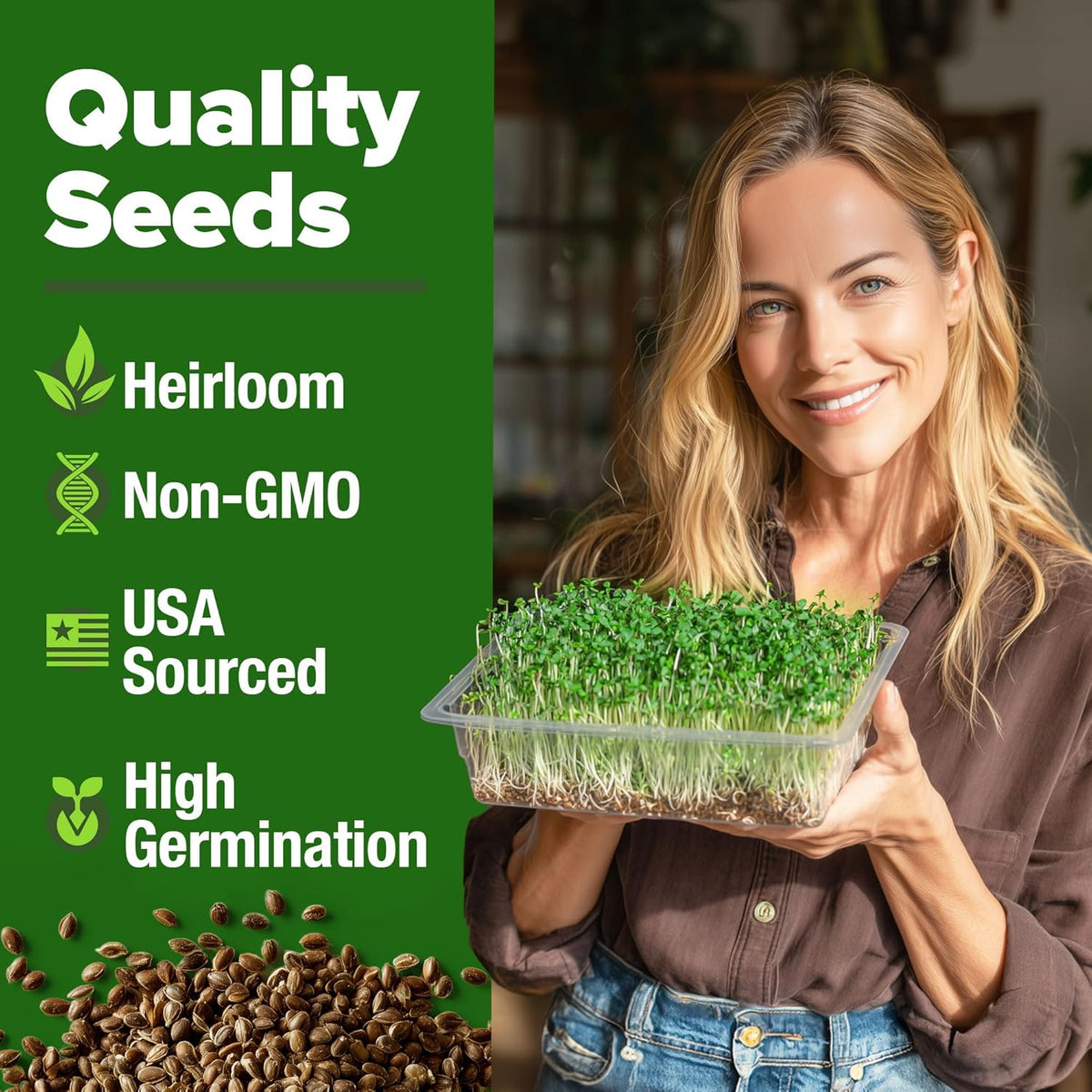 HOME GROWN Premium Sprouting Seeds Mix - Microgreens Seeds for Indoor Growing - Non-GMO Broccoli, Alfalfa, Radish, Clover Sprouts Seed - 16oz Resealable Pack for Healthy Salad & Juicing