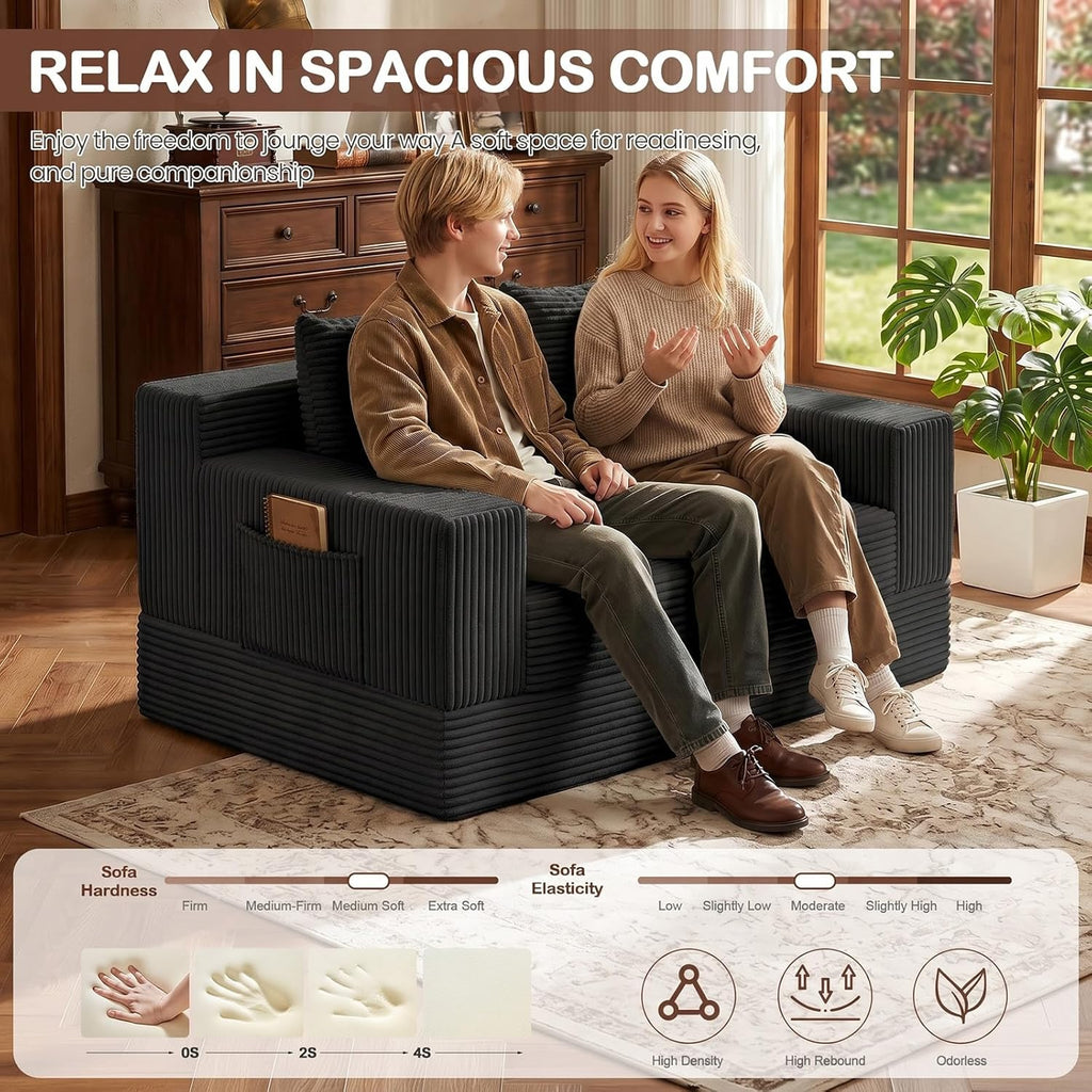 Loveseat Couch Folding Sofa Bed, Foldable Floor Futon Sleeper Couch Bed - Convertible Sofa Bed, Corduroy Pull Out Sofa Bed with 2 Pillows for Living Room & Bedroom