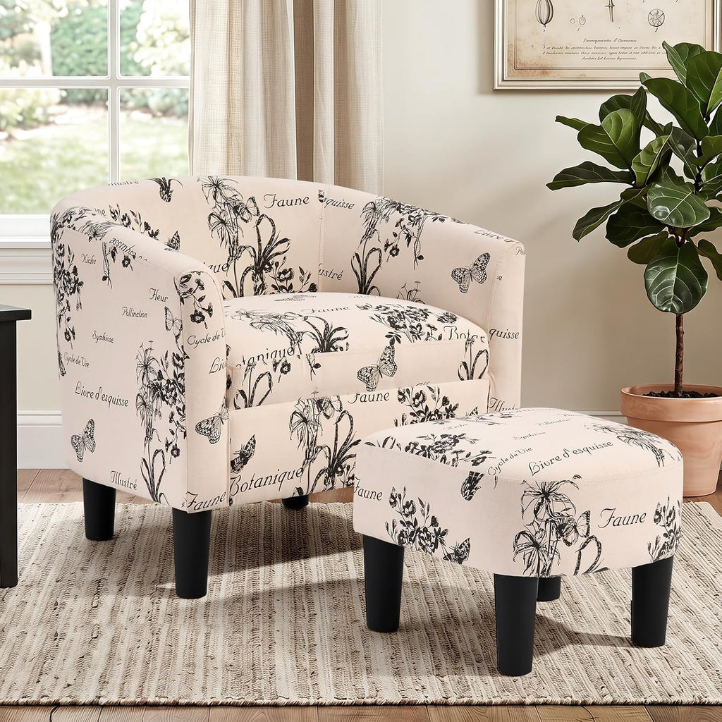 INZOY Oversized Accent Chair with Ottoman, 23.2" W Oversized Club Chair with Ottoman Set, Comfy Fabric Barrel Reading Chairs for Living Room Bedroom, Round Reading Chair with Foot Rest, Flower Pattern