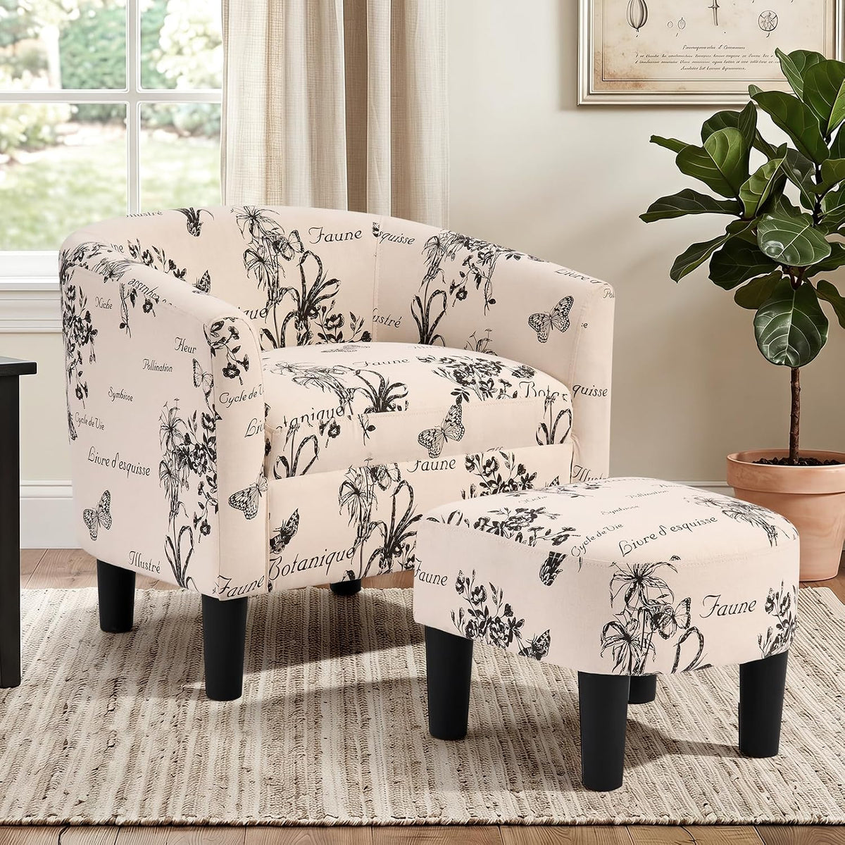 INZOY Oversized Accent Chair with Ottoman, 23.2" W Oversized Club Chair with Ottoman Set, Comfy Fabric Barrel Reading Chairs for Living Room Bedroom, Round Reading Chair with Foot Rest, Flower Pattern