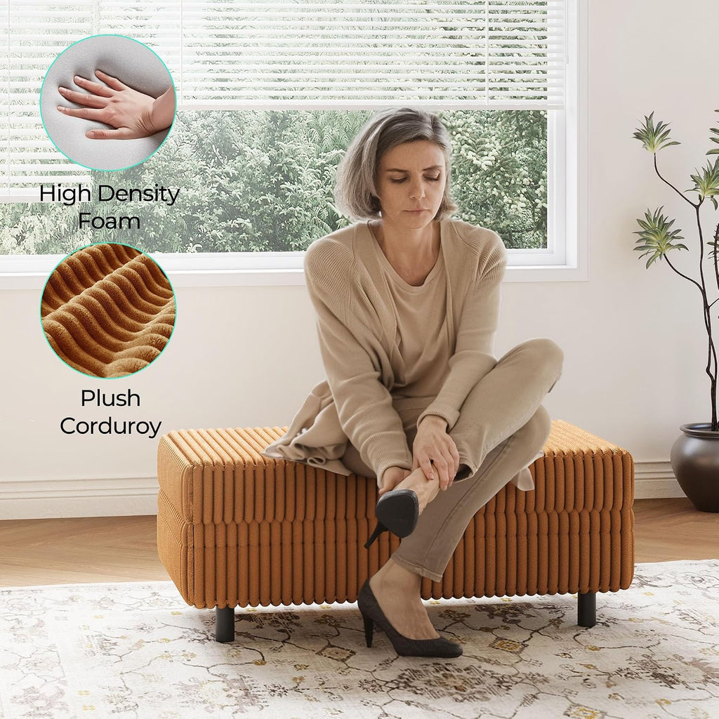 LINSY HOME Sectional Sleeper Sofa Storage Ottoman Bench, Convertible Coffee Table Plush Corduroy Couch Ottoman Footstool for Living Room, Bedroom Entryway and Family Room, Brown
