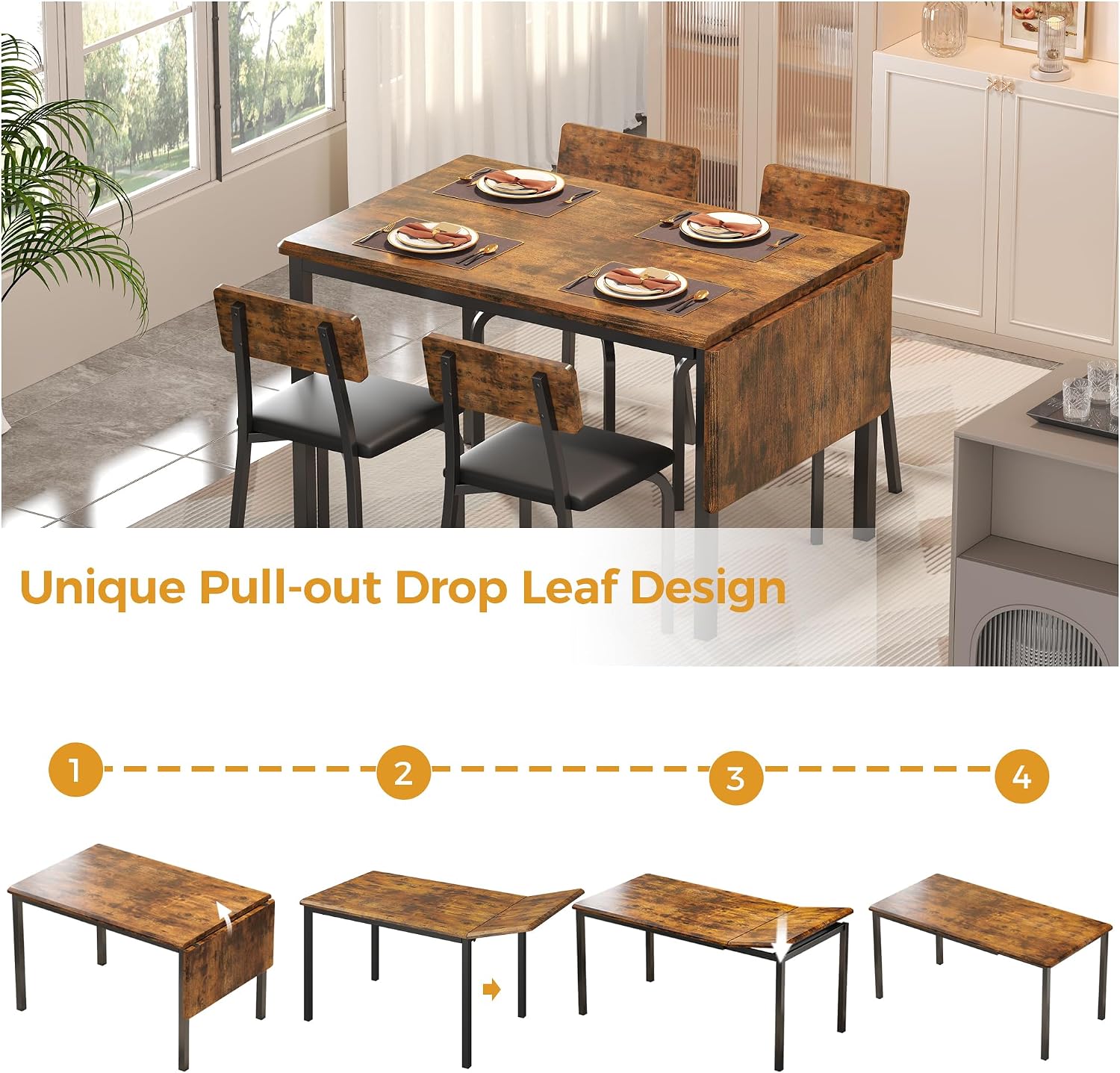 IRONCK 5-Piece 63" Extendable Dining Table with 4 Upholstered Chairs, Kitchen Table Set for 4-8 People, Dining Room Sets with MDF Wood Board, Drop Leaf Table Design for Space Saving, Rustic Brown