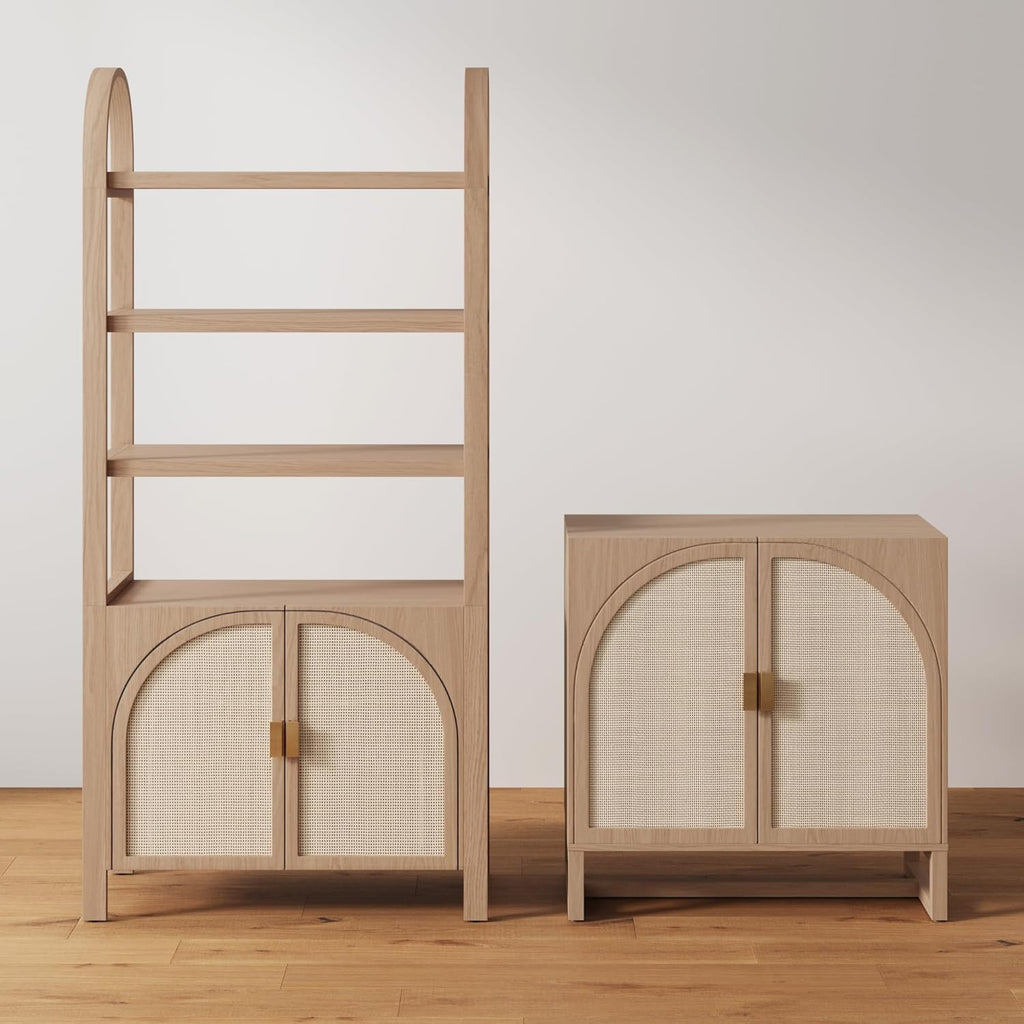 Nathan James Paxton Mid-Century Modern Wood Storage Cabinet with Doors, Arched Storage Cabinet for Living Room or Kitchen with Rattan Door Details, Raw Oak
