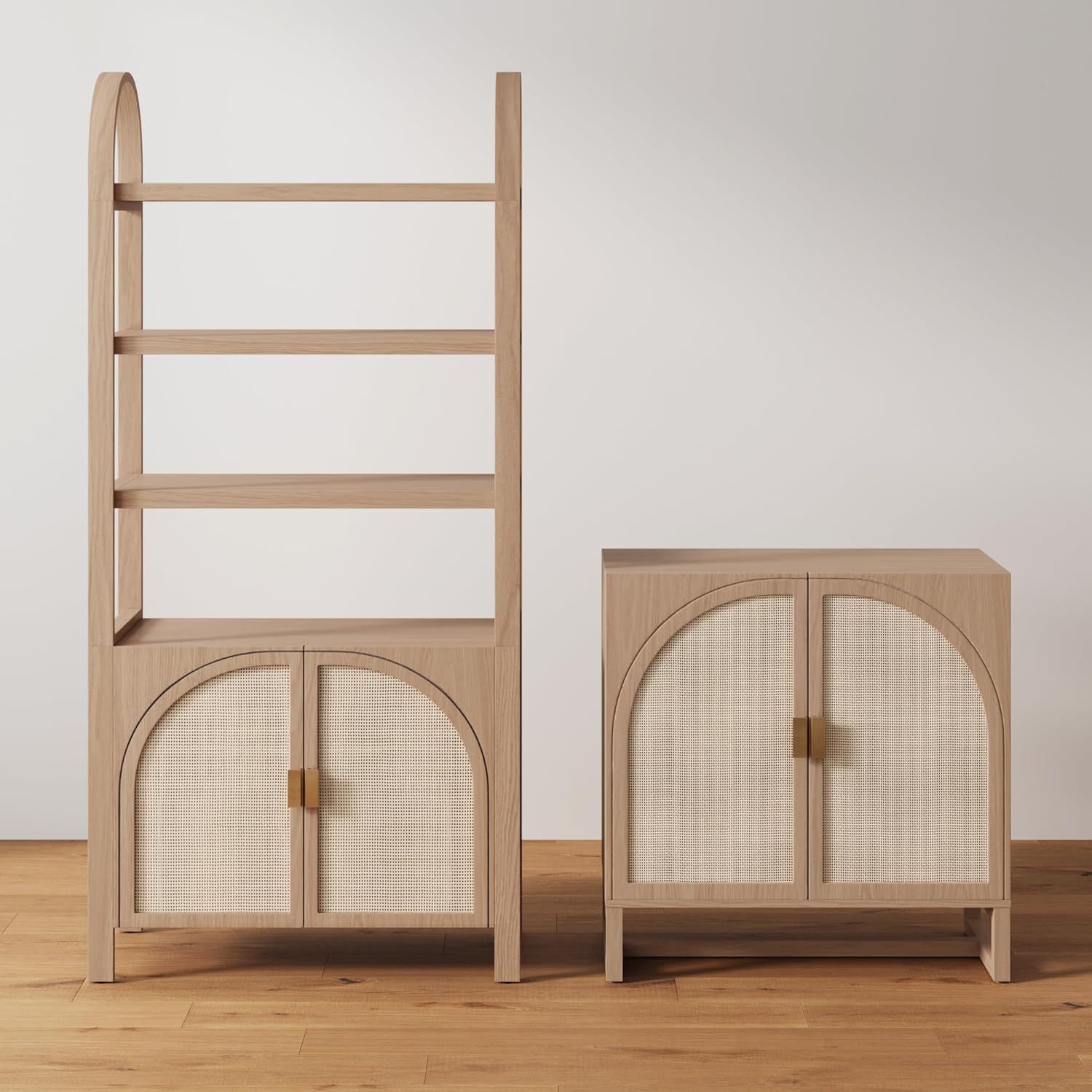 Nathan James Paxton Mid-Century Modern Wood Storage Cabinet with Doors, Arched Storage Cabinet for Living Room or Kitchen with Rattan Door Details, Raw Oak