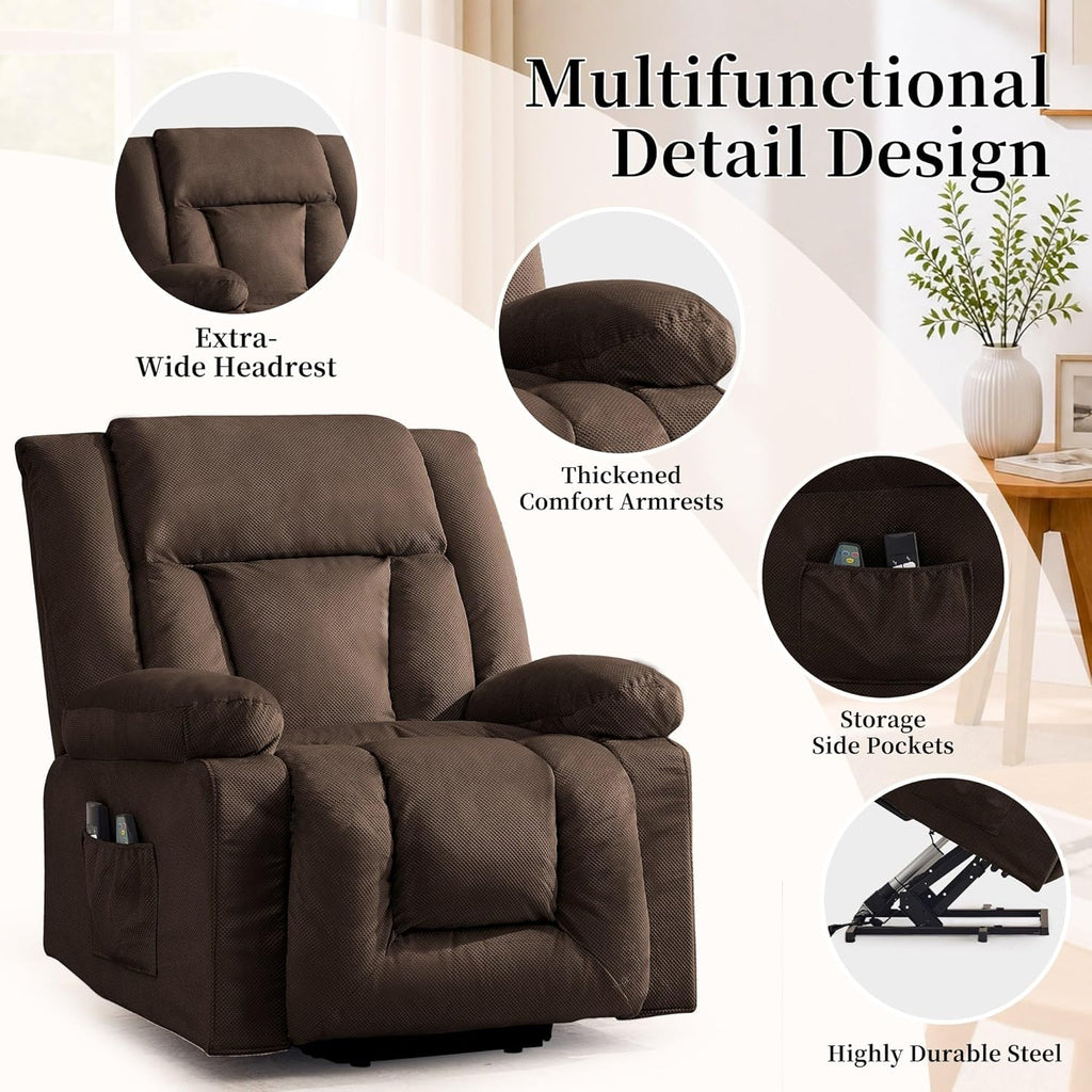 Korser Dual Motor Power Lift Recliner Chair for Elderly with Massage and Heat, Oversized Electric Recliner with Side Pockets, Living Room, Waffle, Brown