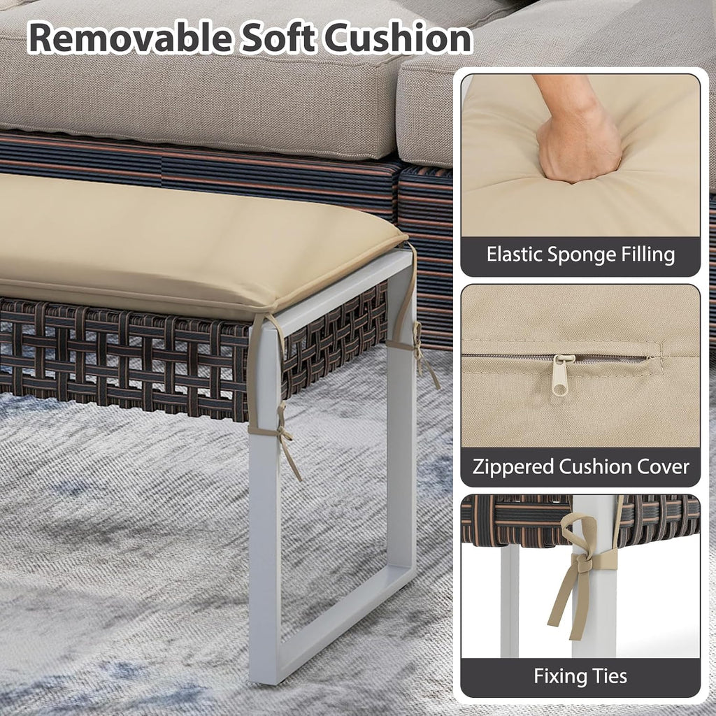 RELAX4LIFE Wicker Outdoor Ottoman Footstool - Rattan Patio Foot Rest for 2 w/Soft Cushion & Metal Frame, Multipurpose Coffee Table, 43’’ Seating Bench, Foot Stool for Garden Porch Backyard (1)