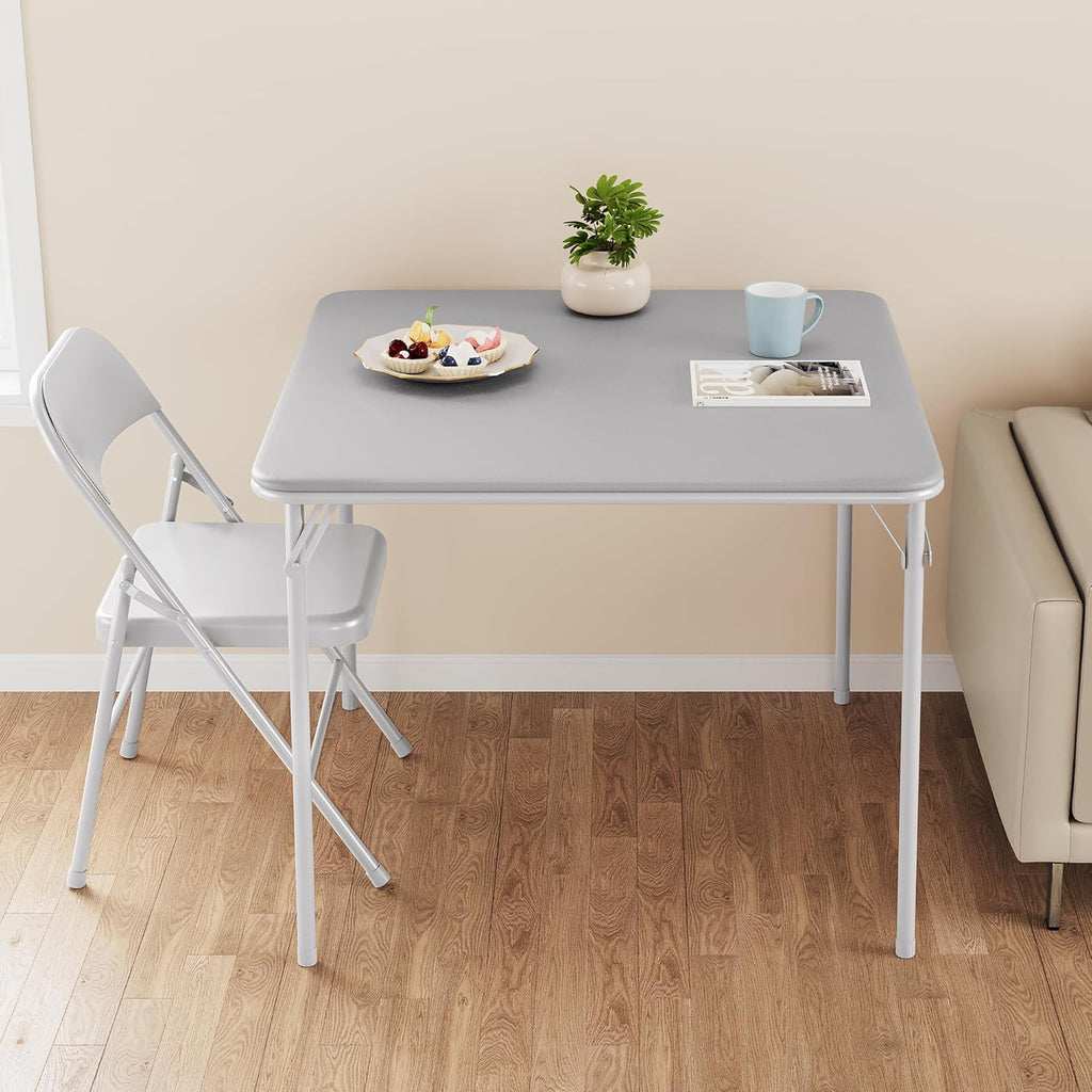 Folding Card Table, 34 Inch Square Folding Table, PU Padded Tabletop with Collapsible Legs, Sturdy Steel Frame, Portable Square Game Table for Home, Parties, Picnics, Games ( Table only) (Grey)