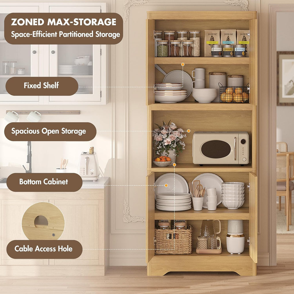 Garvee 72" Tall Pantry Cabinet, Kitchen Hutch Storage Cabinet with Countertop for Microwave, Freestanding Wooden Cupboard with Carved Door & Crystal Handle, for Dining Room, Living Room, Light Oak