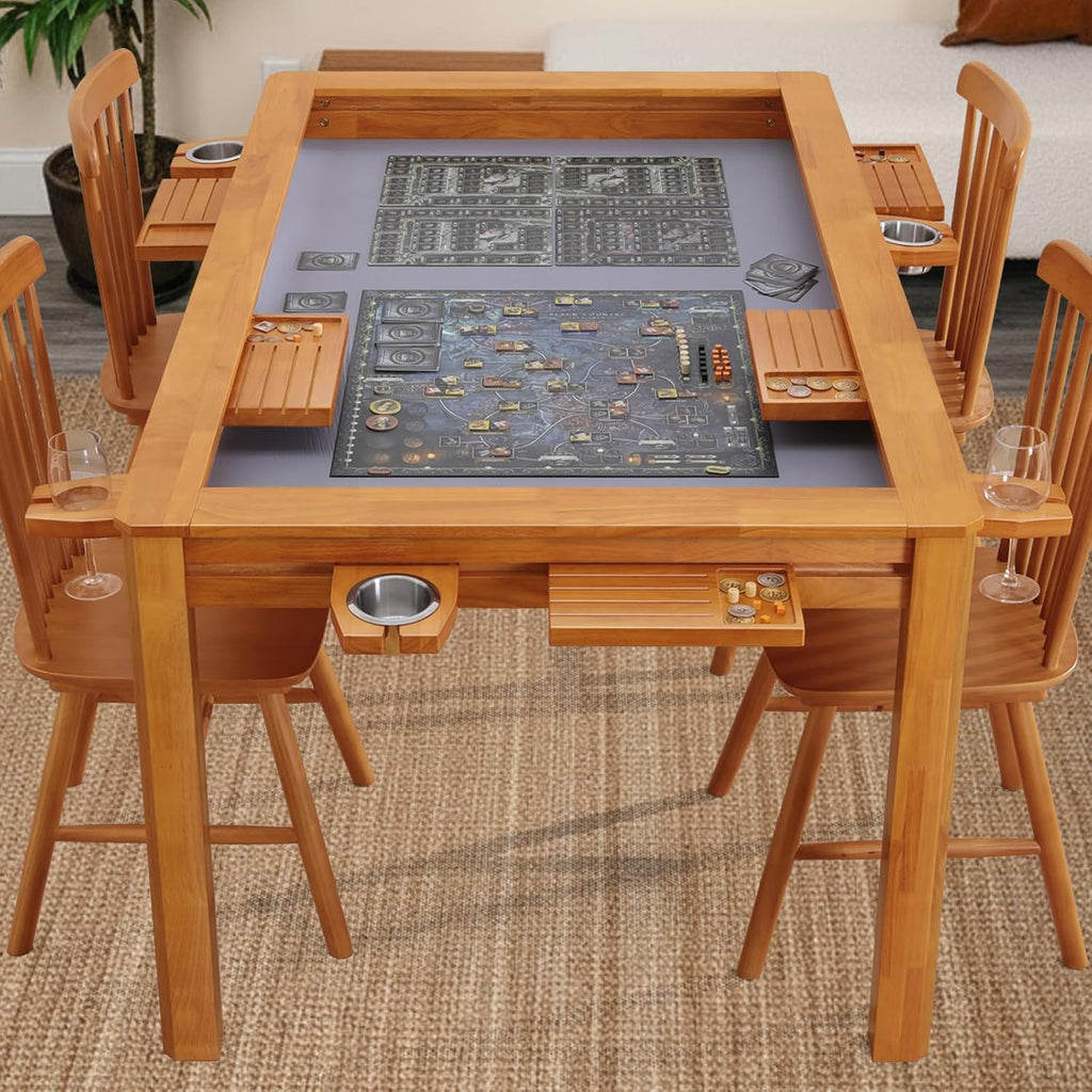 63" Solid Wood Board Game Table for Gaming/Dining, Removable Top | Gaming Table for 4–6 Players with 54" x 30.7" Play Area, Neoprene Play Mat, Leaf Storage Rack, 6 Cup Holders & Trays, Nature
