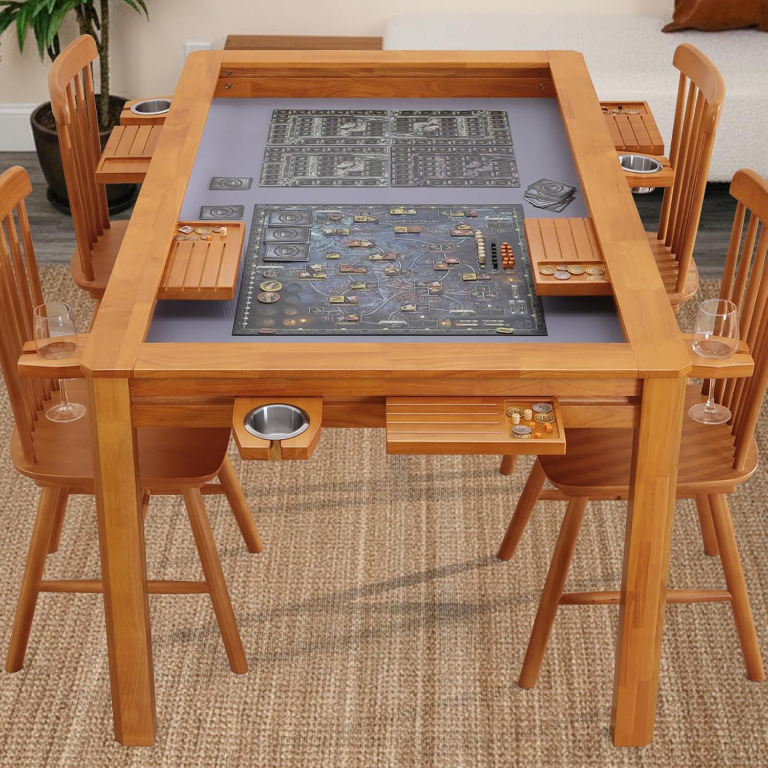 63" Solid Wood Board Game Table for Gaming/Dining, Removable Top | Gaming Table for 4–6 Players with 54" x 30.7" Play Area, Neoprene Play Mat, Leaf Storage Rack, 6 Cup Holders & Trays, Nature