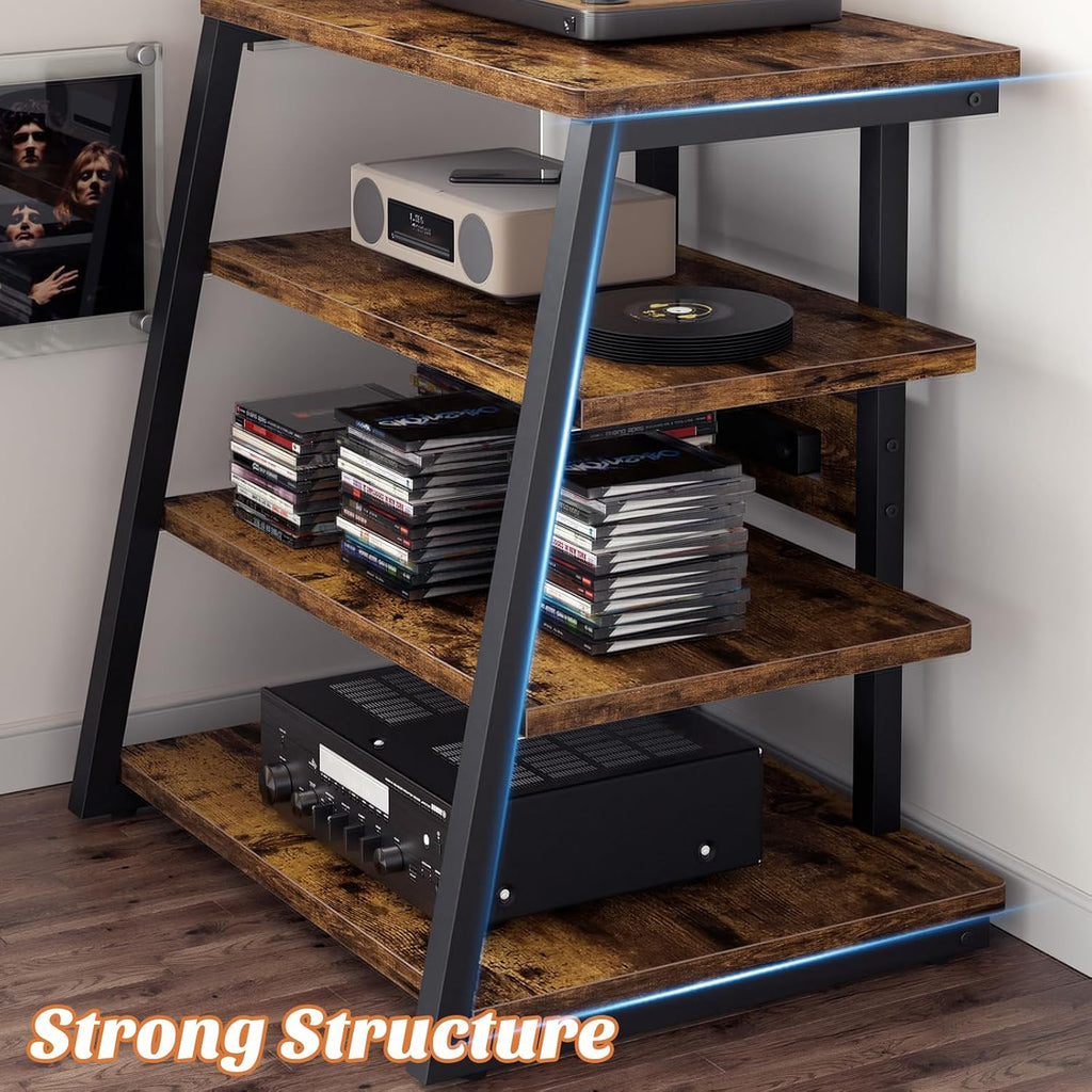 Besiost AV Media Stand with Outlets, Media Console with LED Lights, Stereo Racks and Stands with Storage Shelves, Media Audio Tower Cabinet, Rustic Brown