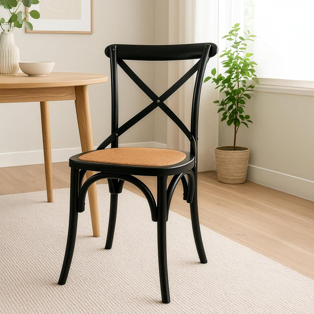 2xhome Wooden X Back Dining Chair | Woven Rattan Seat with Metal Cross Back | Rustic Farmhouse Kitchen Side Chair Fully Assembled (2, Black, Dining)