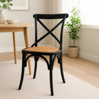 2xhome Wooden X Back Dining Chair | Woven Rattan Seat with Metal Cross Back | Rustic Farmhouse Kitchen Side Chair Fully Assembled (2, Black, Dining)