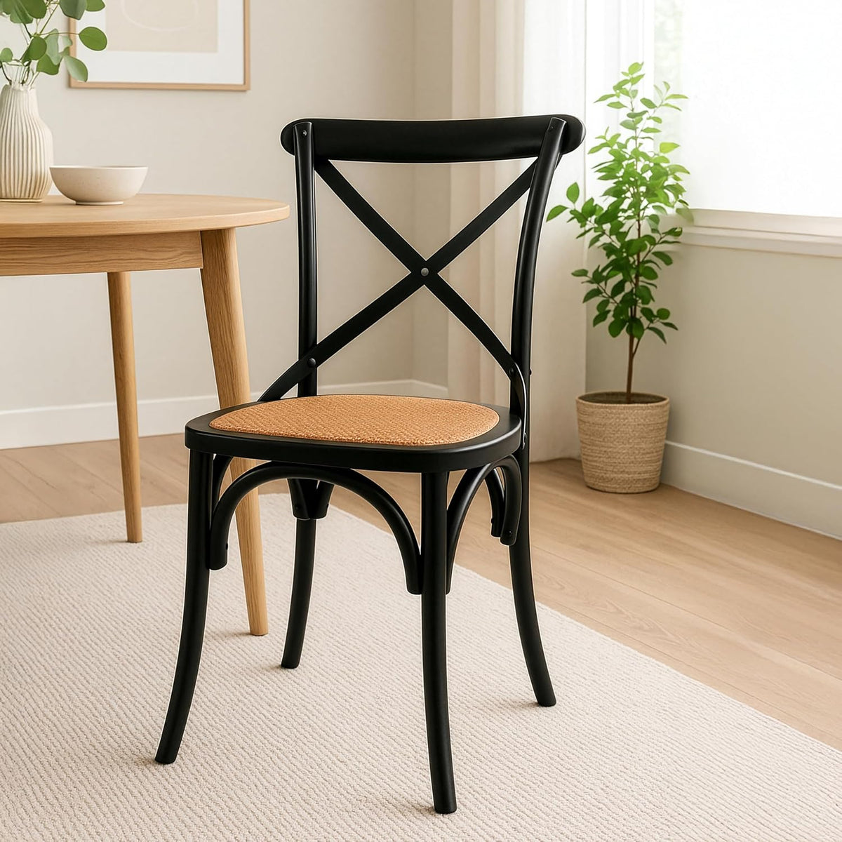 2xhome Wooden X Back Dining Chair | Woven Rattan Seat with Metal Cross Back | Rustic Farmhouse Kitchen Side Chair Fully Assembled (2, Black, Dining)