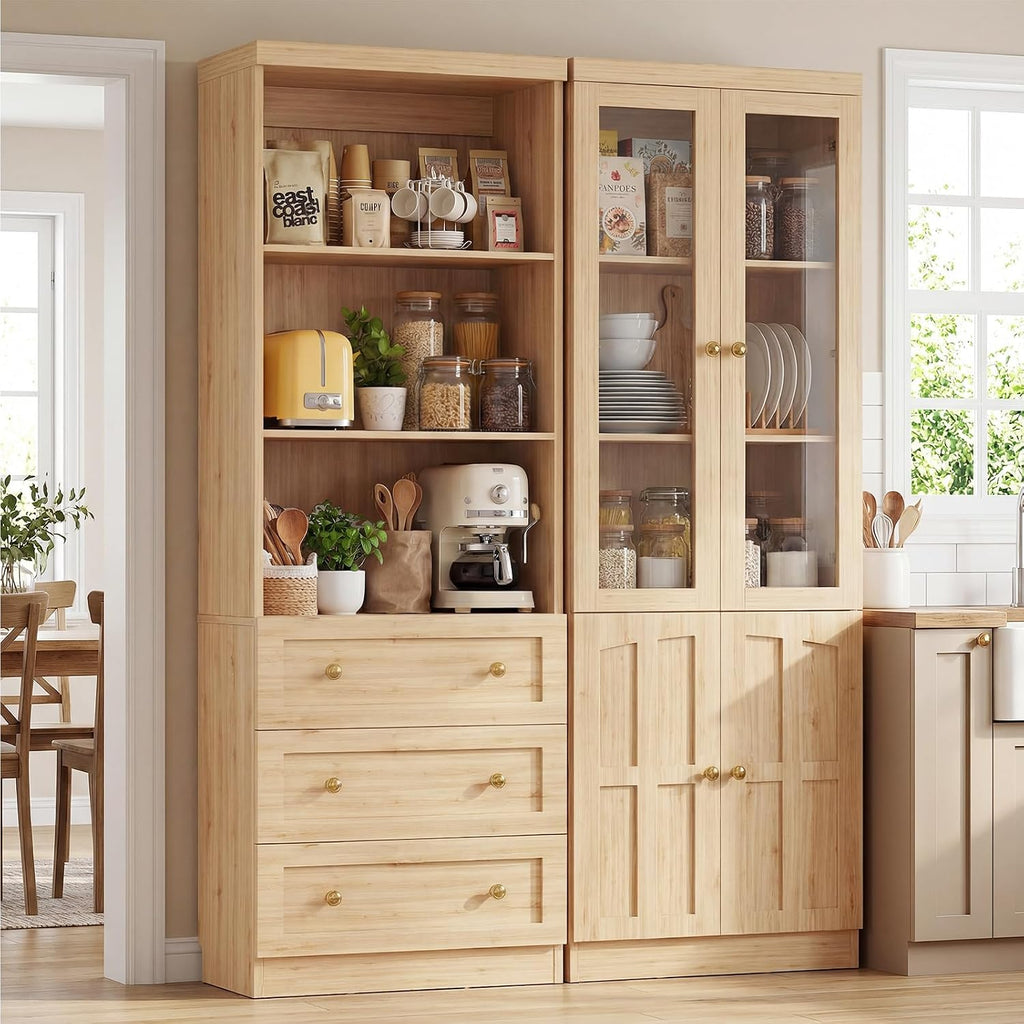 Cyclysio Farmhouse Kitchen Pantry Cabinets - 80" Tall Wood Kitchen Storage Cabinets with Adjustable Shelves & Doors & Drawers, Versatile Storage for Living Room, Kitchen, Set of 2 (Natural)