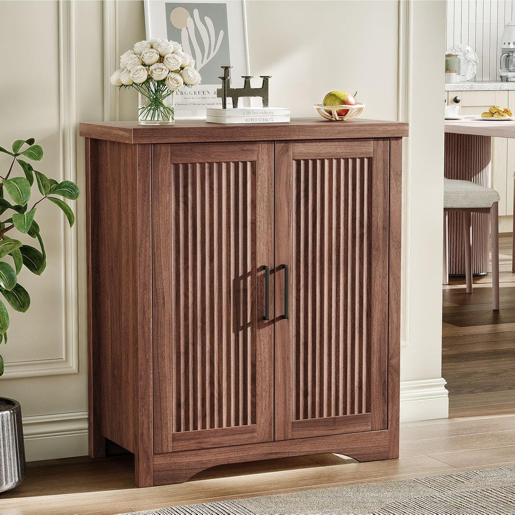 Memobarco Fluted Buffet Cabinet with Storage Accent Sideboard,Modern Credenza with 2 Doors & Adjustable Shelves,Wood Coffee Bar Table Console for Dining Room Kitchen Living Room Entryway, Walnut