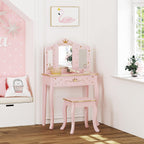 UTEX Pink Crown Princess Kids Vanity Set with Drawer for Little Girls | Wooden Toddler Vanity, Kids Vanity Table and Chair Set, Crown and Star Patterns, Gold Edge Trim, Princess Style