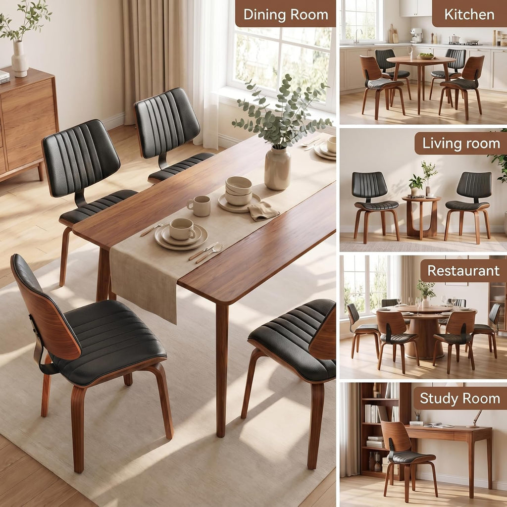 Mid Century Modern Dining Chairs Set of 4, Farmhouse Faux Leather Upholstered Curved Backrest Kitchen Chairs with Walnut Bentwood Frame for Kitchen, Makeup, Desk, Black