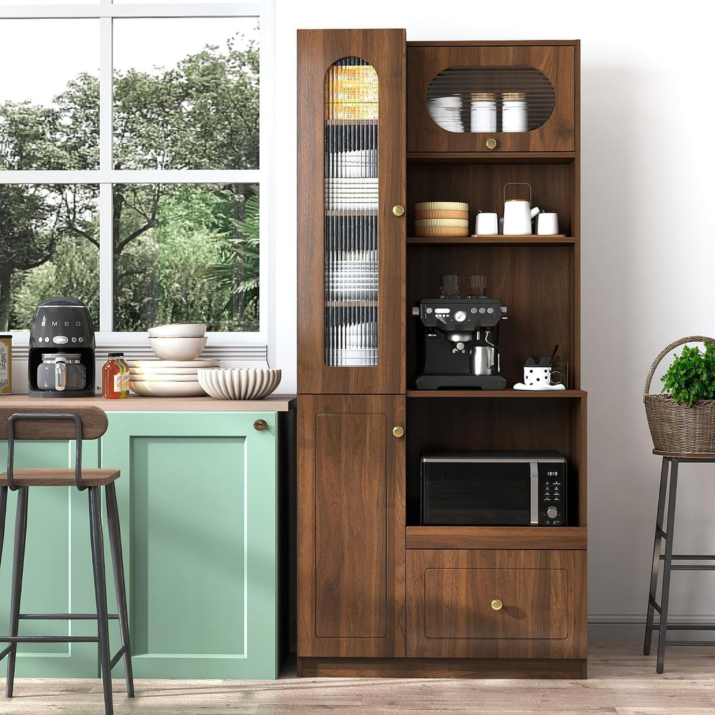 KEIKI 70.87" H Tall Kitchen Pantry Storage Cabinet with Countertop, Glass Doors, Drawers, Microwave Stand & Pull-Out Shelf, Freestanding Wood Hutch Food Pantries Cupboard for Coffee Bar, Dining Room